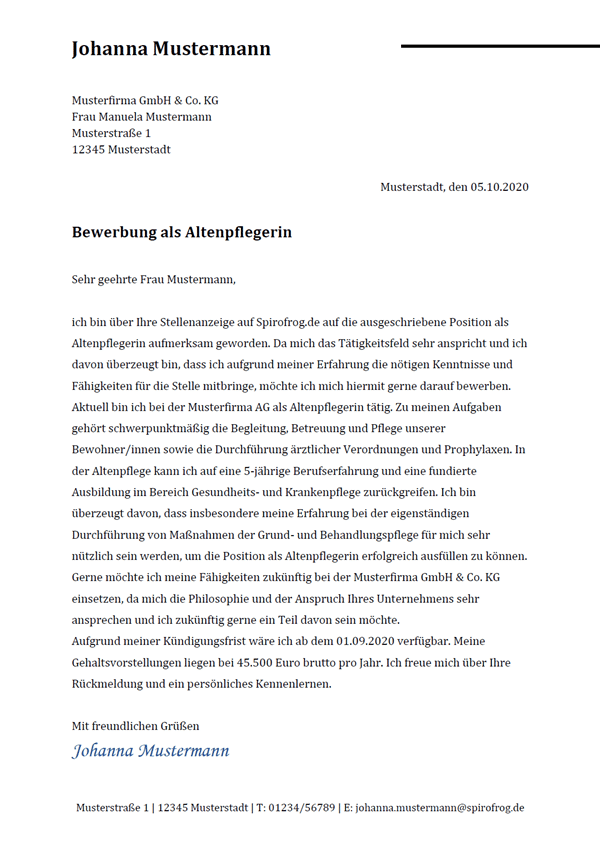 Vorlage / Muster: Bewerbungsanschreiben Altenpfleger / Altenpflegerin