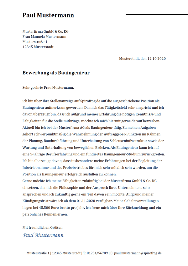 Vorlage / Muster: Bewerbungsanschreiben Bauingenieur / Bauingenieurin