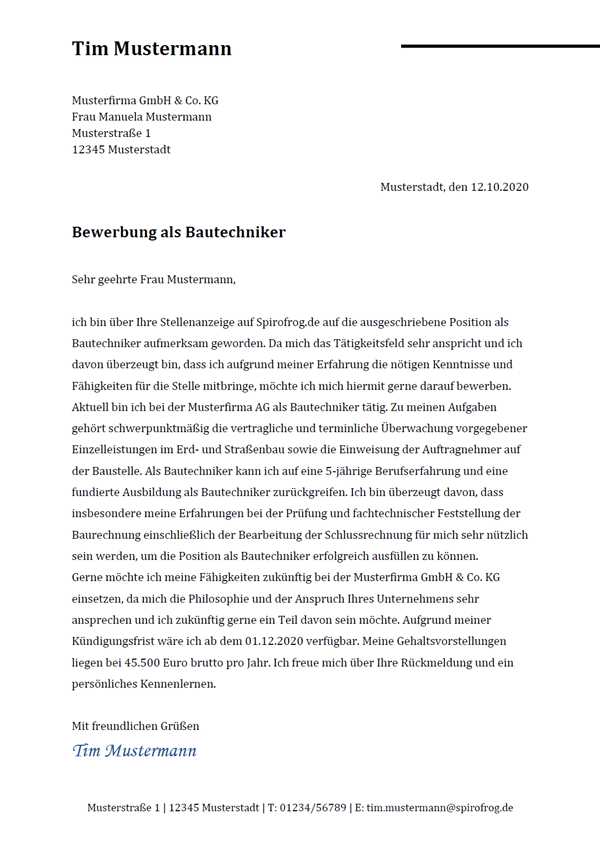 Vorlage / Muster: Bewerbungsanschreiben Bautechniker / Bautechnikerin