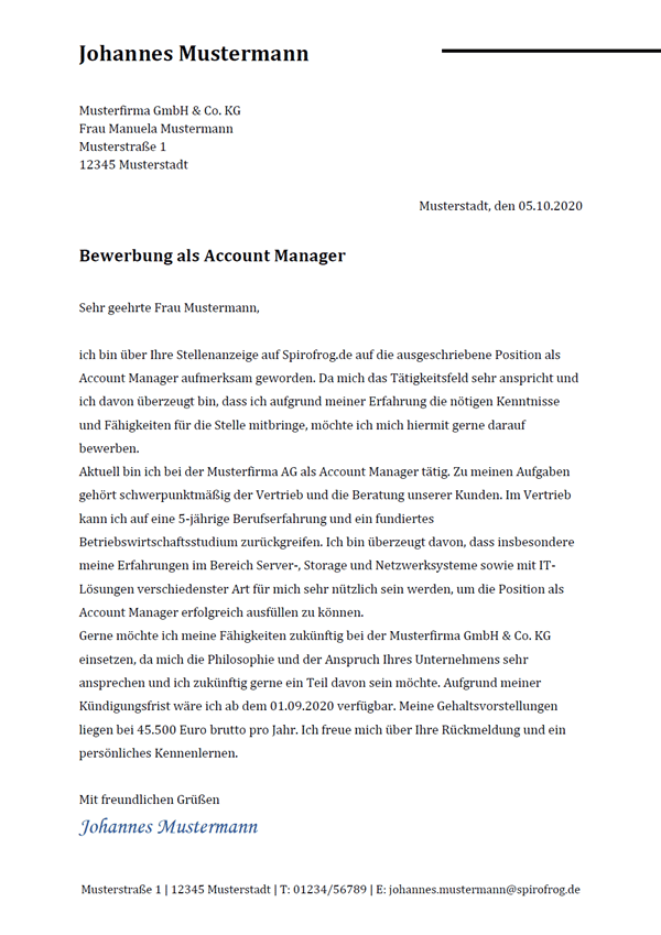 Vorlage / Muster: Bewerbungsschreiben Account Manager / Account Managerin