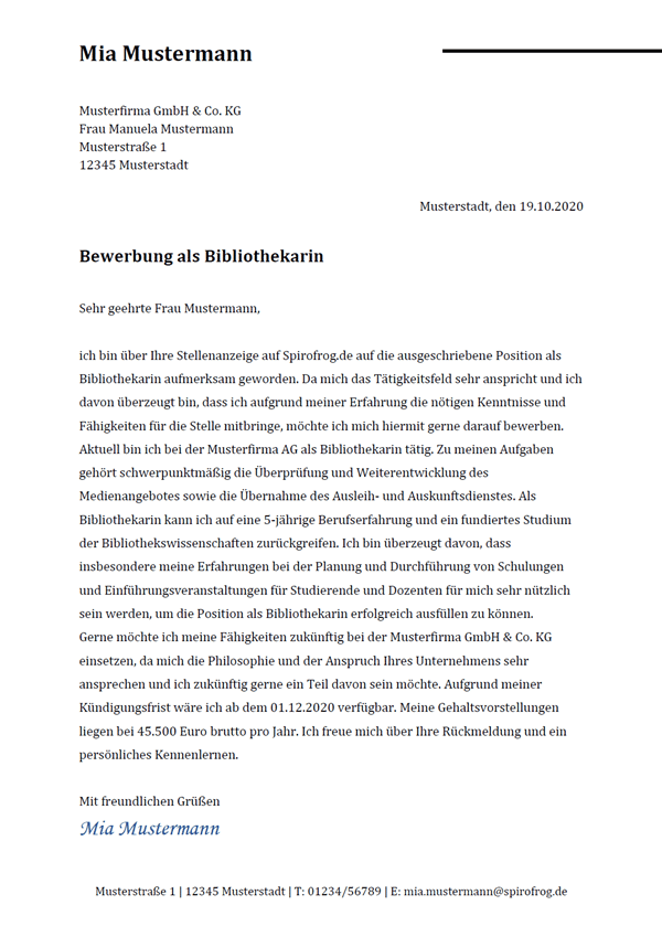 Vorlage / Muster: Bewerbungsschreiben Bibliothekar / Bibliothekarin