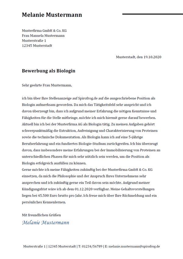 Vorlage / Muster: Bewerbungsschreiben Biologe / Biologin