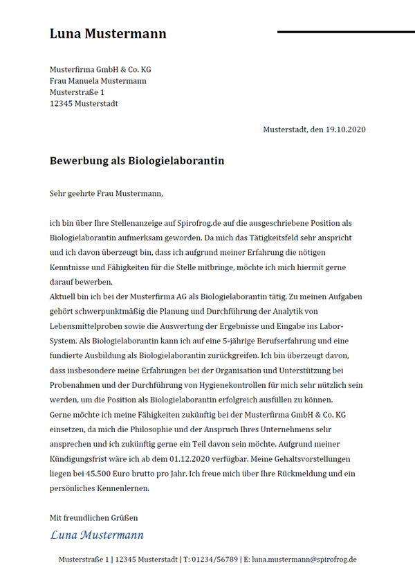 Vorlage / Muster: Bewerbungsschreiben Biologielaborant / Biologielaborantin