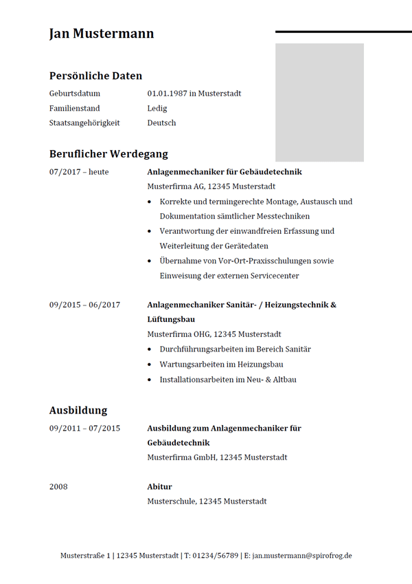 Vorlage / Muster: Lebenslauf Anlagenmechaniker / Anlagenmechanikerin