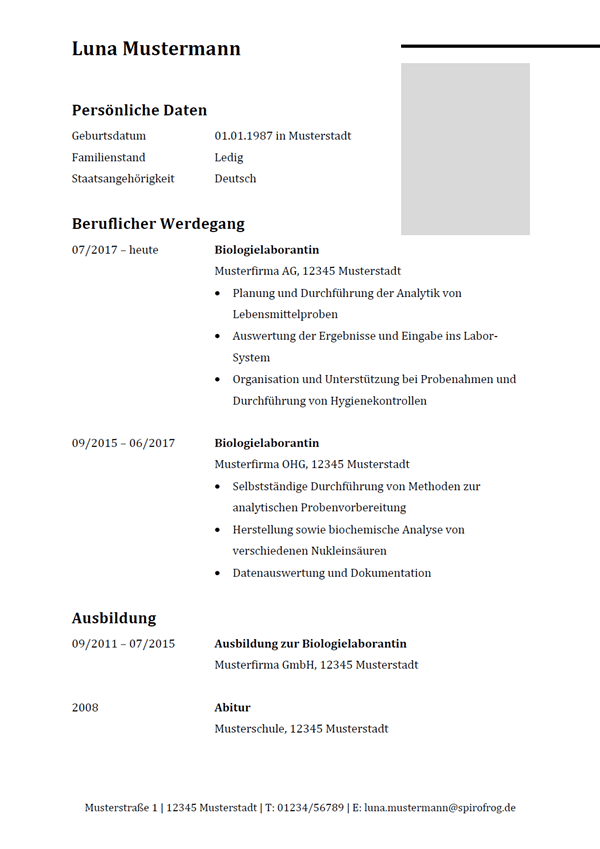 Vorlage / Muster: Lebenslauf Biologielaborant / Biologielaborantin