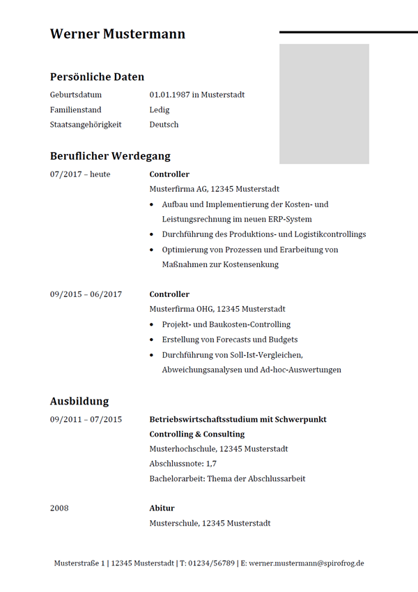 Vorlage / Muster: Lebenslauf Controller / Controllerin
