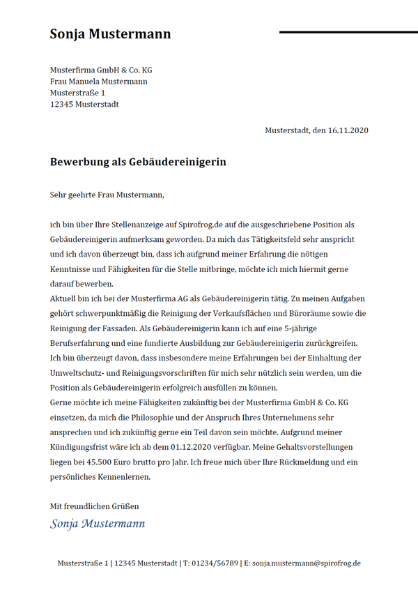 Vorlage / Muster: Bewerbungsschreiben Gebäudereiniger / Gebäudereinigerin