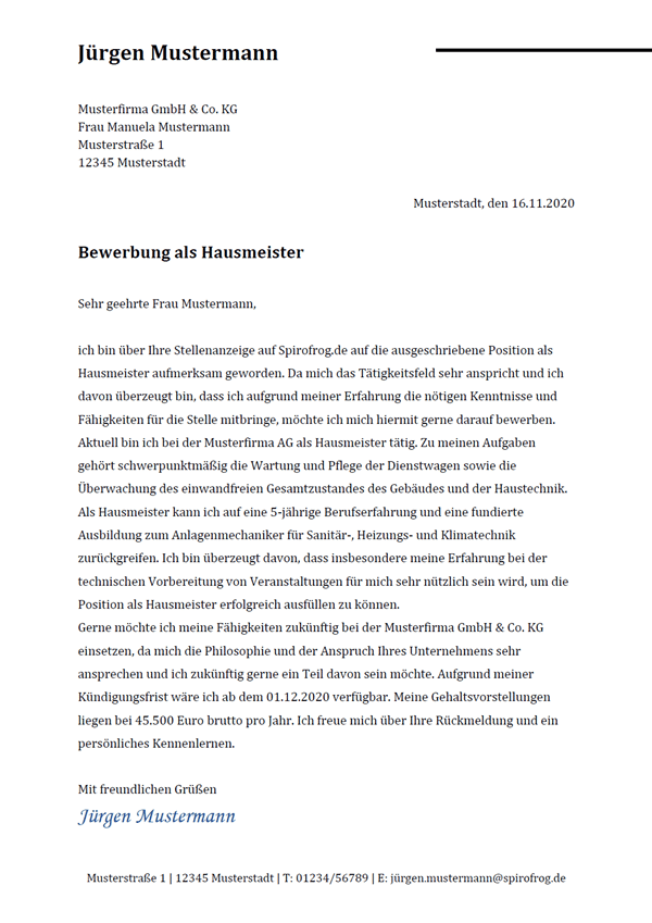 Vorlage / Muster: Bewerbungsschreiben Hausmeister / Hausmeisterin