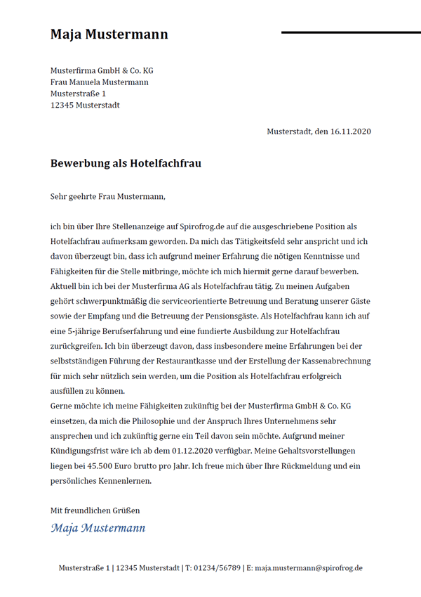 Vorlage / Muster: Bewerbungsschreiben Hotelfachmann / Hotelfachfrau