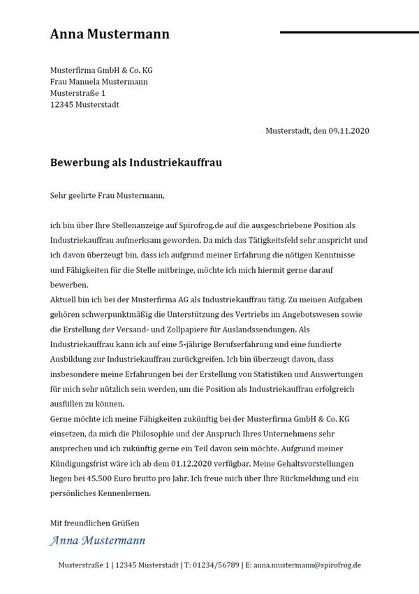 Vorlage / Muster: Bewerbungsschreiben Industriekaufmann / Industriekauffrau