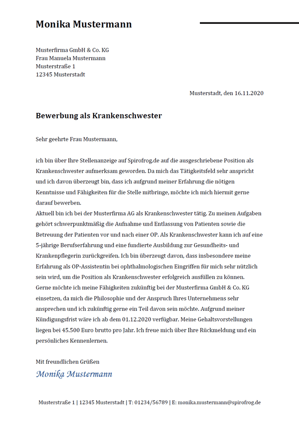 Vorlage / Muster: Bewerbungsschreiben Krankenschwester / Krankenpfleger