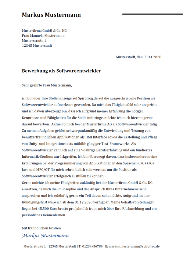 Vorlage / Muster: Bewerbungsschreiben Softwareentwickler / Softwareentwicklerin