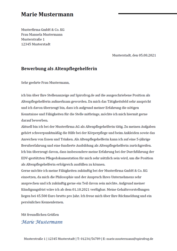 Vorlage / Muster: Bewerbungsschreiben Altenpflegehelfer / Altenpflegehelferin