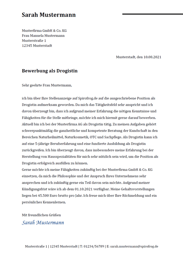 Vorlage / Muster: Bewerbungsschreiben Drogist / Drogistin