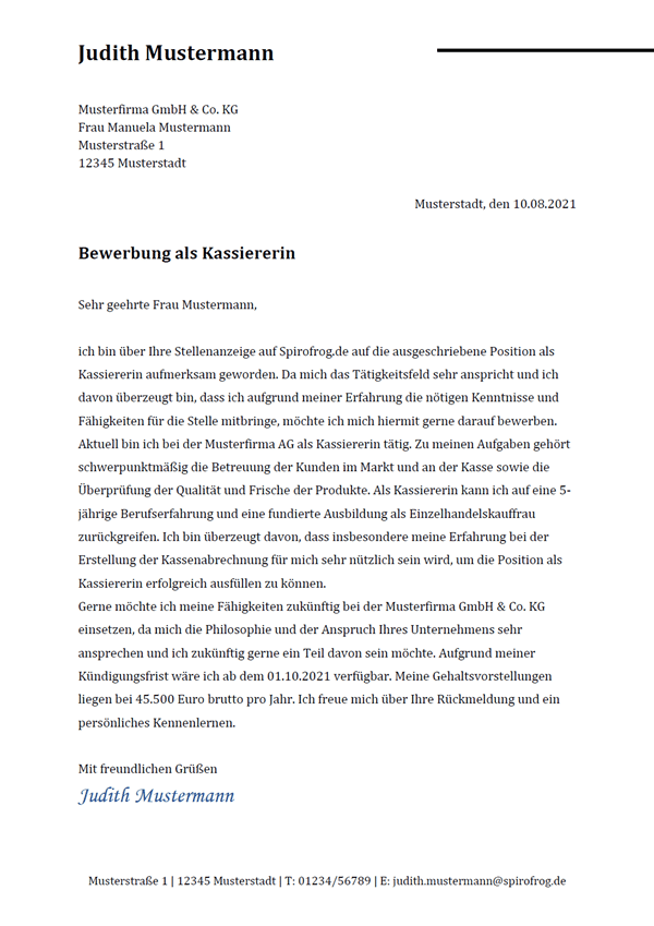 Vorlage / Muster: Bewerbungsschreiben Kassierer / Kassiererin