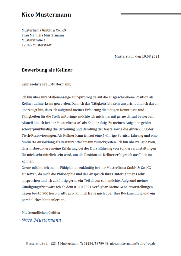 Vorlage / Muster: Bewerbungsschreiben Kellner / Kellnerin