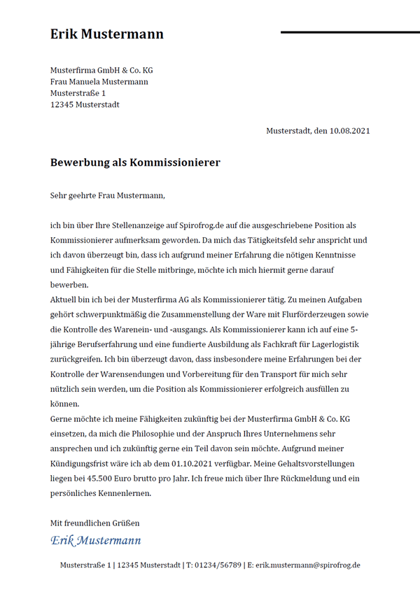 Vorlage / Muster: Bewerbungsschreiben Kommissionierer / Kommissioniererin