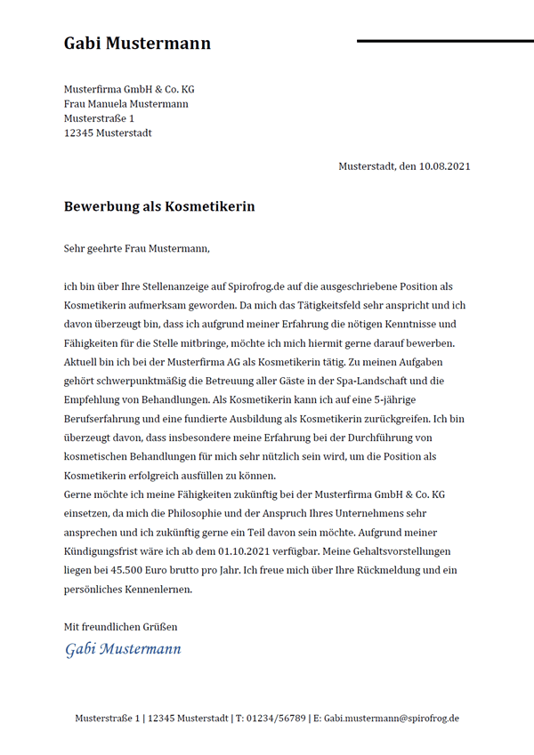 Vorlage / Muster: Bewerbungsschreiben Kosmetiker / Kosmetikerin