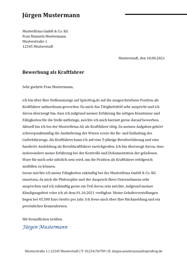 Vorlage / Muster: Bewerbungsschreiben Kraftfahrer / Kraftfahrerin