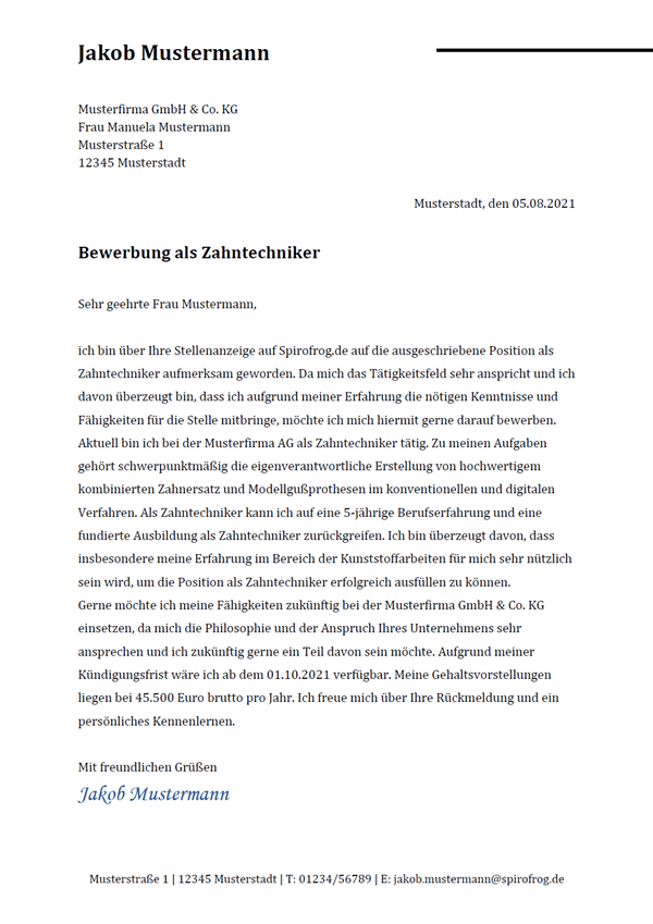 Vorlage / Muster: Bewerbungsschreiben Zahntechniker / Zahntechnikerin