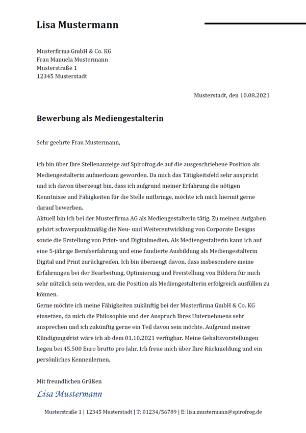 Vorlage / Muster: Bewerbungsschreiben Mediengestalter / Mediengestalterin