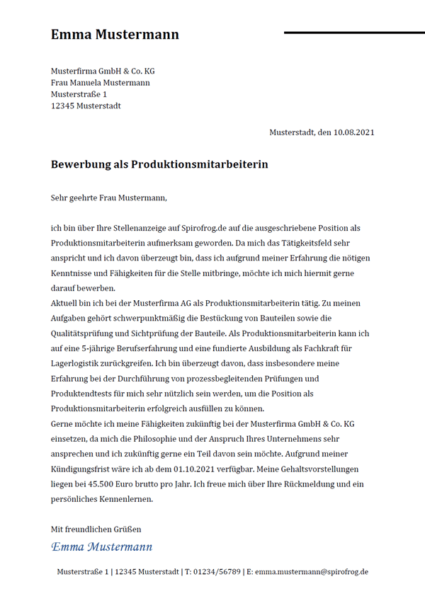 Vorlage / Muster: Bewerbungsschreiben Produktionsmitarbeiter / Produktionsmitarbeiterin