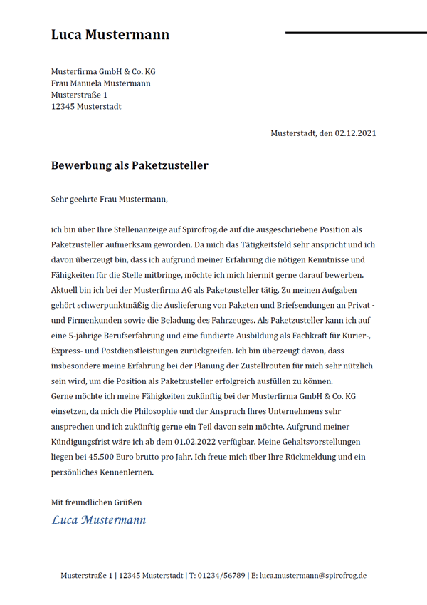 Vorlage / Muster: Bewerbungsschreiben Paketzusteller / Paketzustellerin