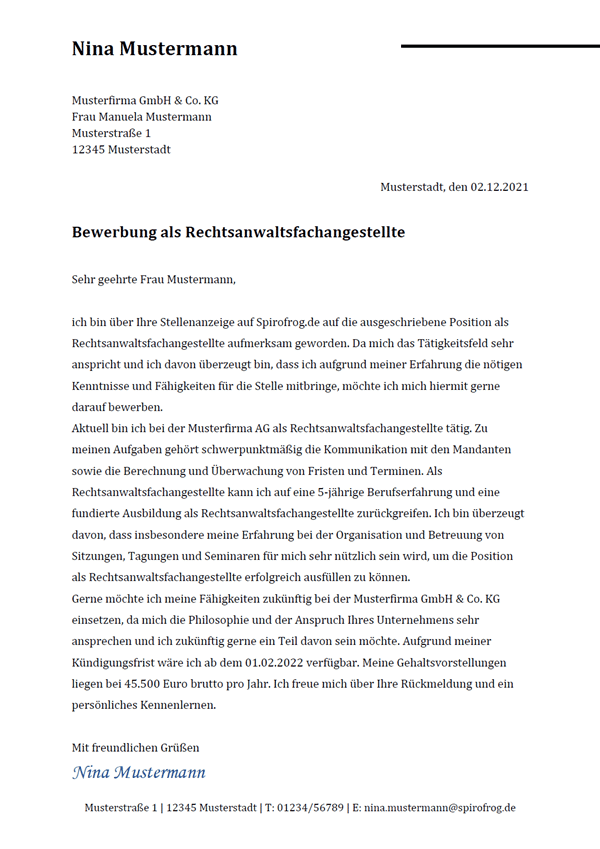 Vorlage / Muster: Bewerbungsschreiben Rechtsanwaltsfachangestellter / Rechtsanwaltsfachangestellte