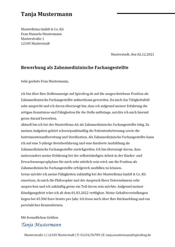 Vorlage / Muster: Bewerbungsschreiben Zahnmedizinischer Fachangestellter / Zahnmedizinische Fachangestellte