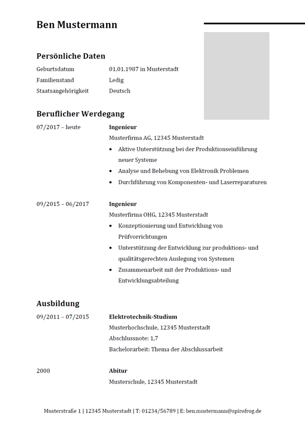 Vorlage / Muster: Lebenslauf Ingenieur / Ingenieurin