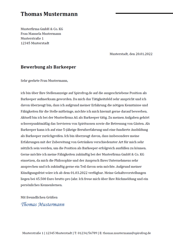 Vorlage / Muster: Bewerbungsschreiben Barkeeper / Barkeeperin