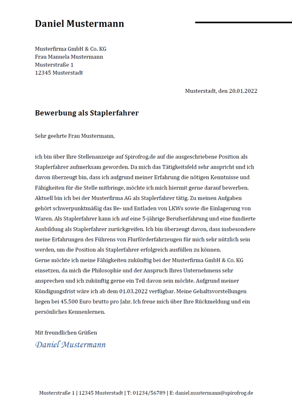 Vorlage / Muster: Bewerbungsschreiben Staplerfahrer / Staplerfahrerin