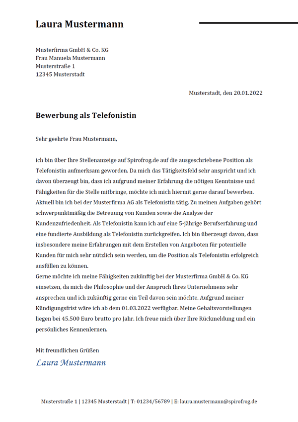 Vorlage / Muster: Bewerbungsschreiben Telefonist / Telefonistin