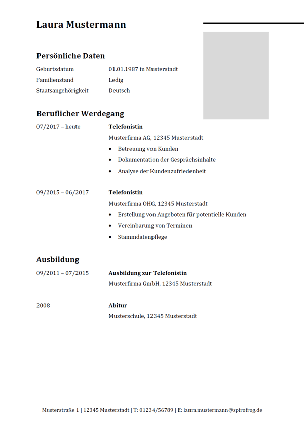 Vorlage / Muster: Lebenslauf Telefonist / Telefonistin