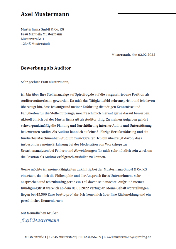 Vorlage / Muster: Bewerbungsschreiben Auditor / Auditorin