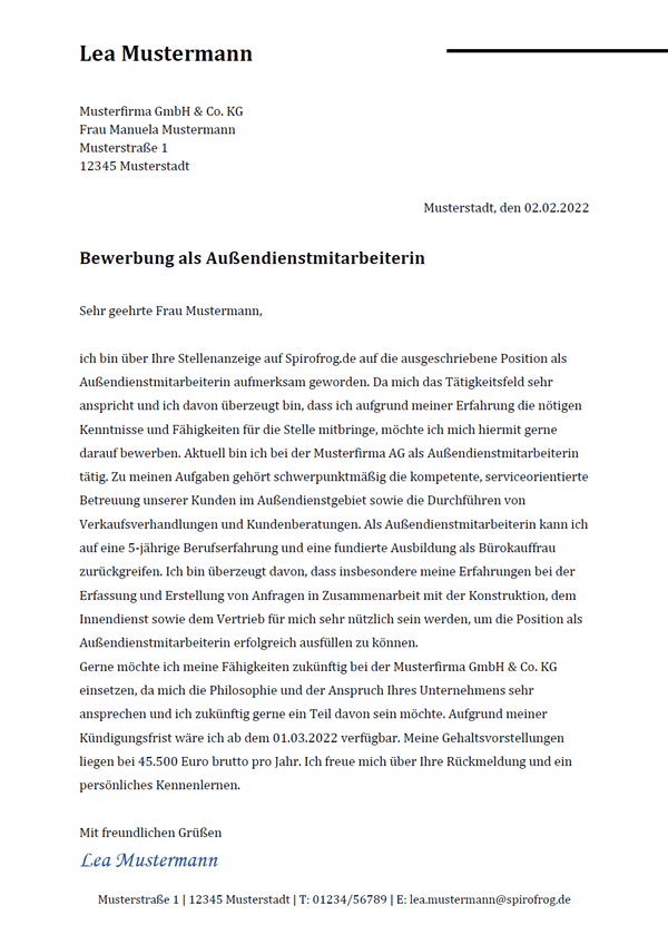 Vorlage / Muster: Bewerbungsschreiben Außendienstmitarbeiter / Außendienstmitarbeiterin