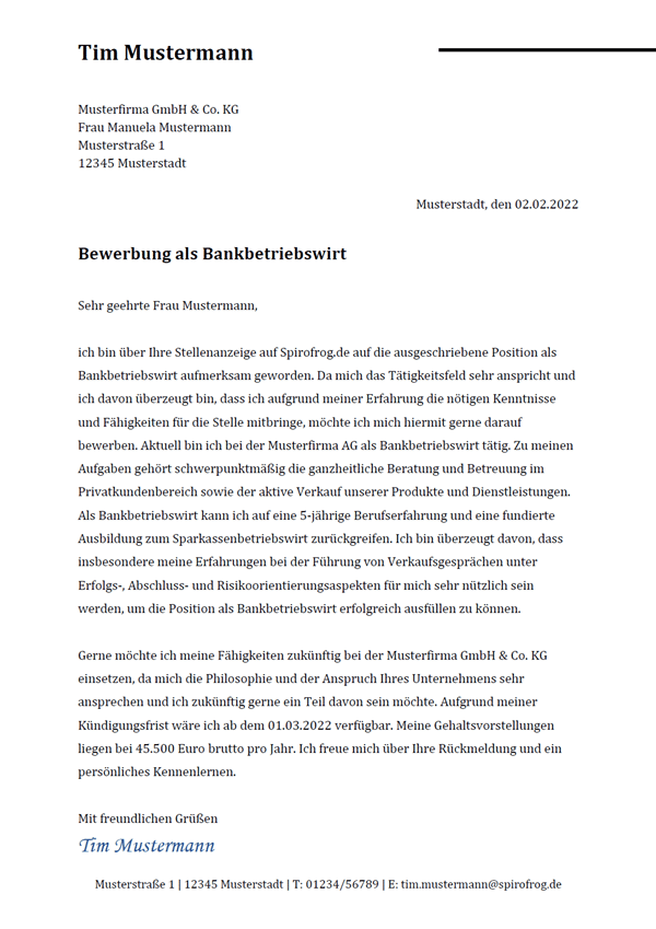 Vorlage / Muster: Bewerbungsschreiben Bankbetriebswirt / Bankbetriebswirtin