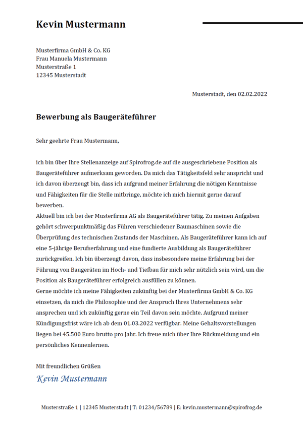 Vorlage / Muster: Bewerbungsschreiben Baugeräteführer / Baugeräteführerin